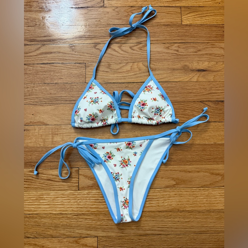 Forever 21 White Floral Triangle Bikini with Light Blue Trim
